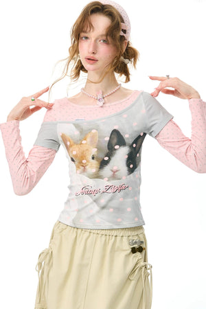 Color-Block Patchwork Rabbit Print Long Sleeve Top