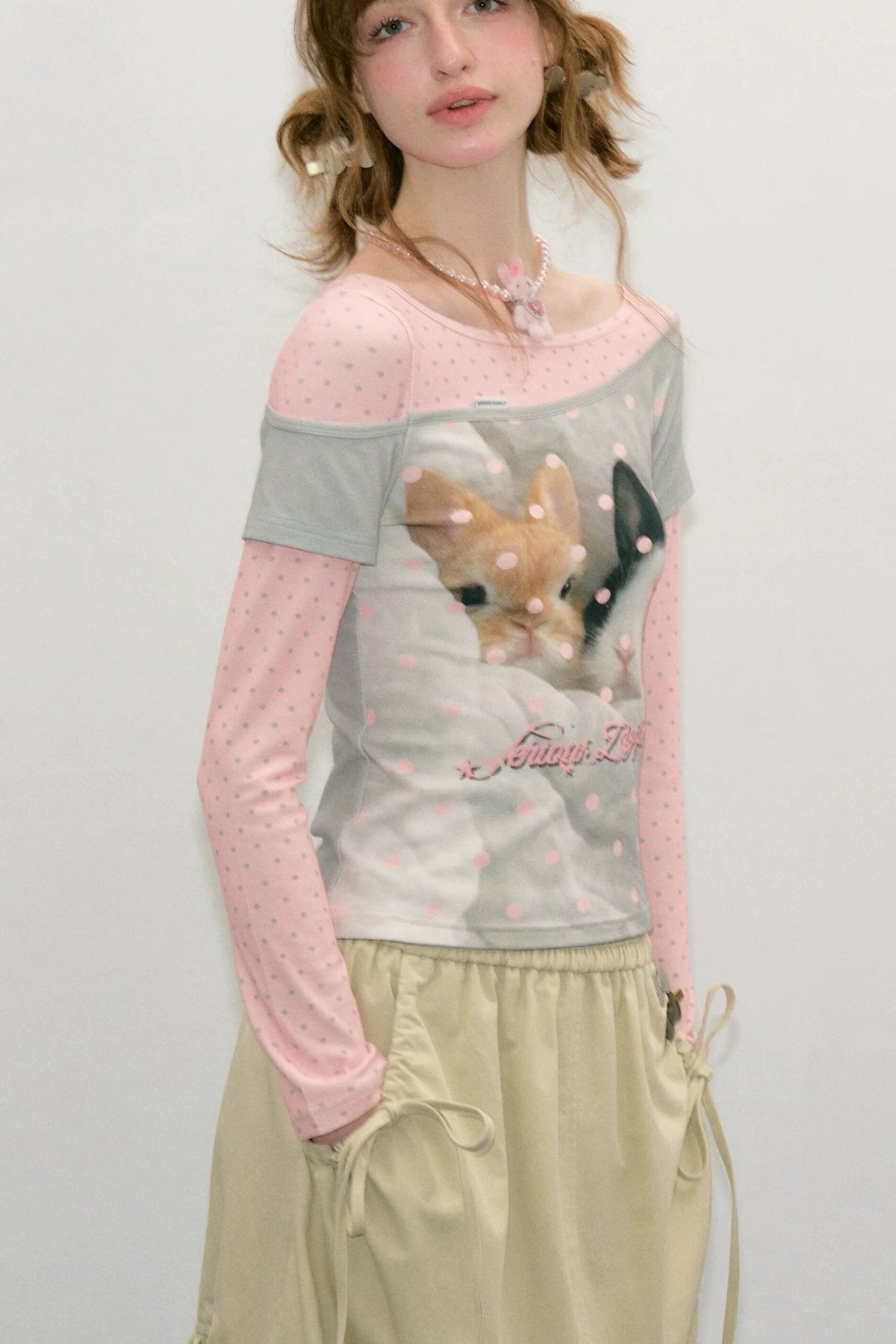 Color-Block Patchwork Rabbit Print Long Sleeve Top