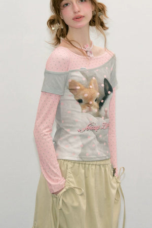 Color-Block Patchwork Rabbit Print Long Sleeve Top