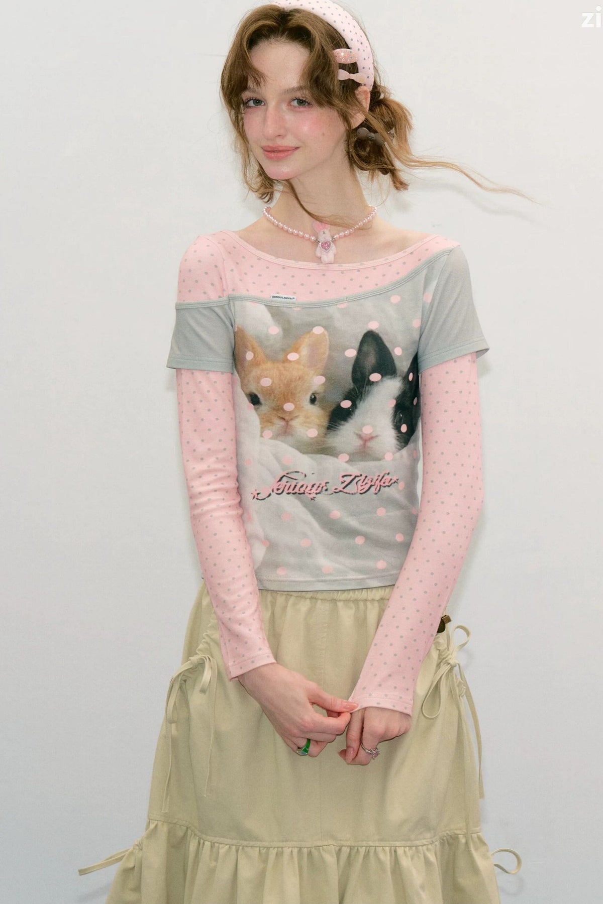 Color-Block Patchwork Rabbit Print Long Sleeve Top