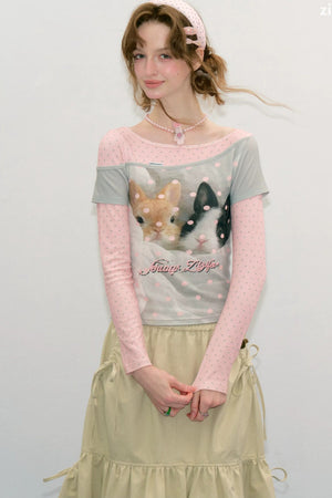 Color-Block Patchwork Rabbit Print Long Sleeve Top