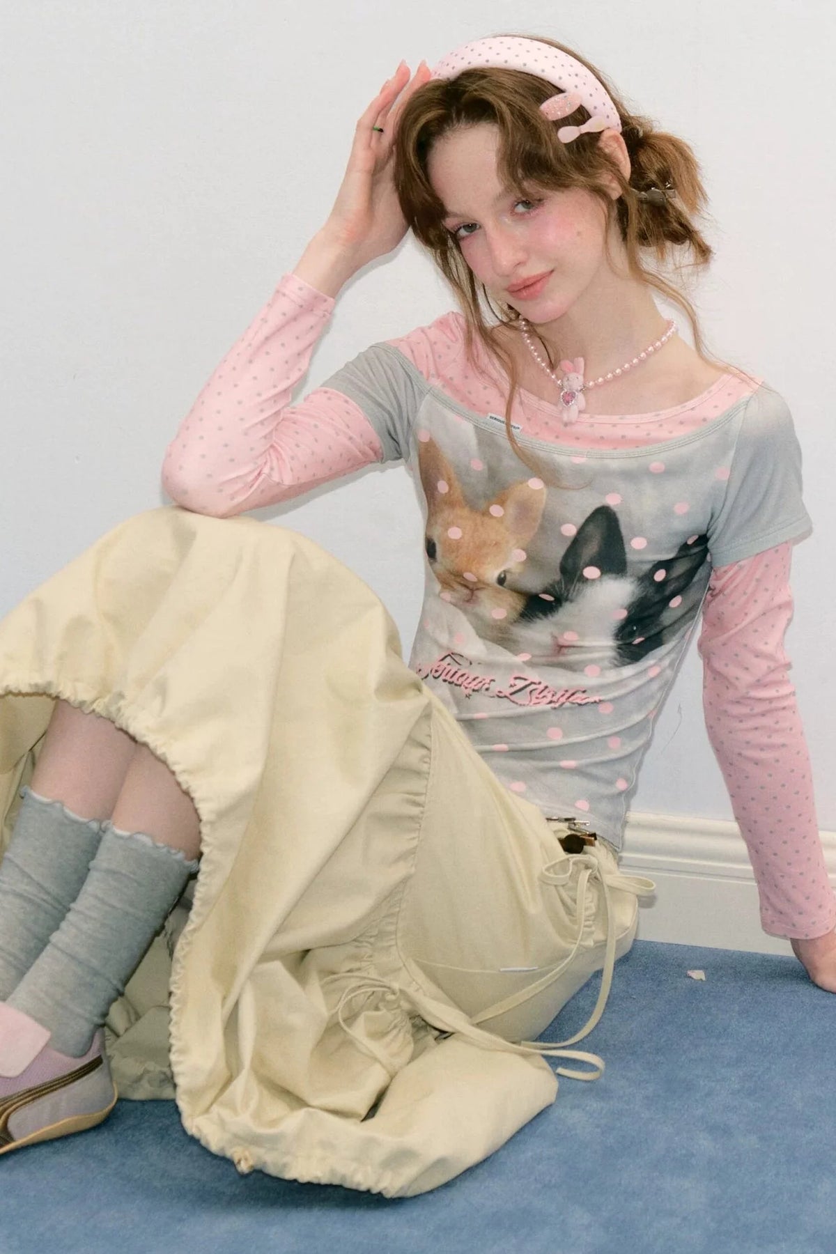 Color-Block Patchwork Rabbit Print Long Sleeve Top