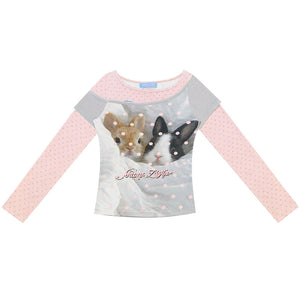 Color-Block Patchwork Rabbit Print Long Sleeve Top