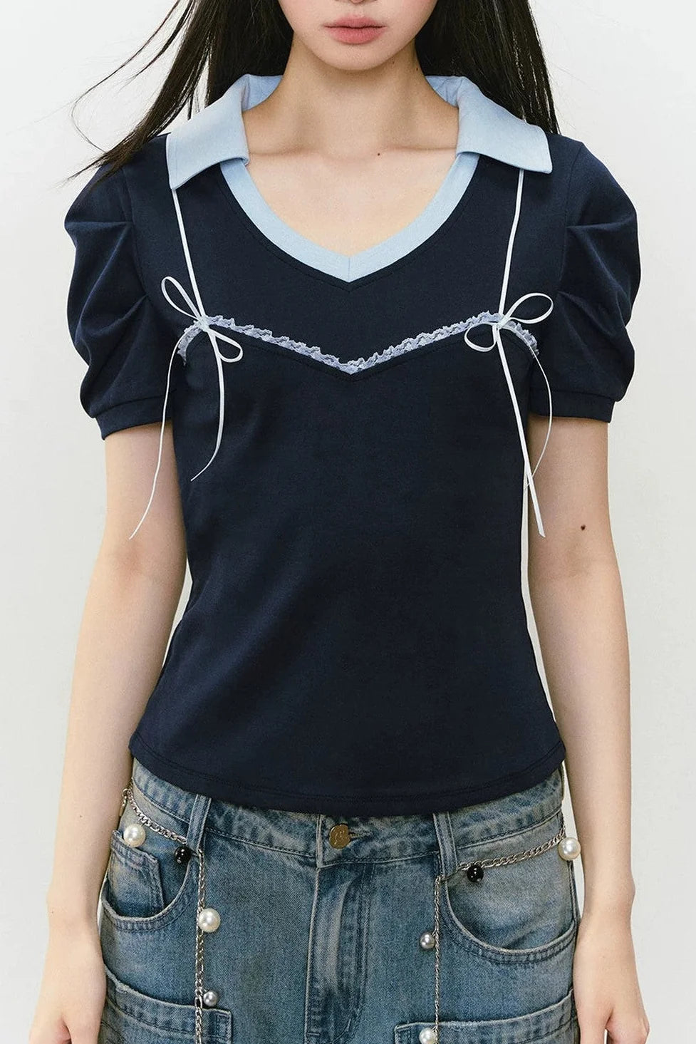Color-Block Polo Bow Blouse