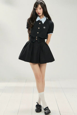 Color-Block Short-Sleeve Cardigan and Puffy Skirt Set