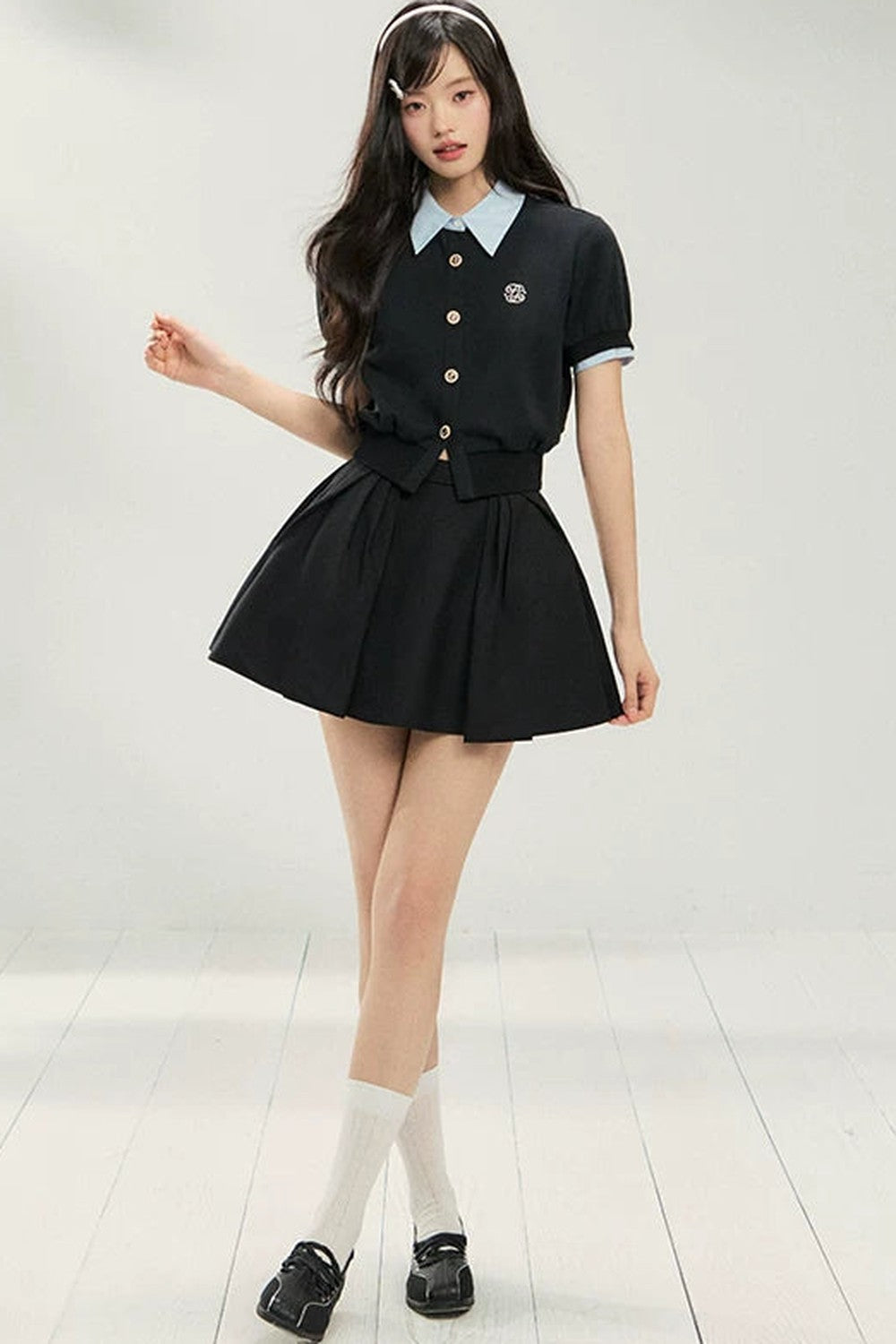 Color-Block Short-Sleeve Cardigan and Puffy Skirt Set