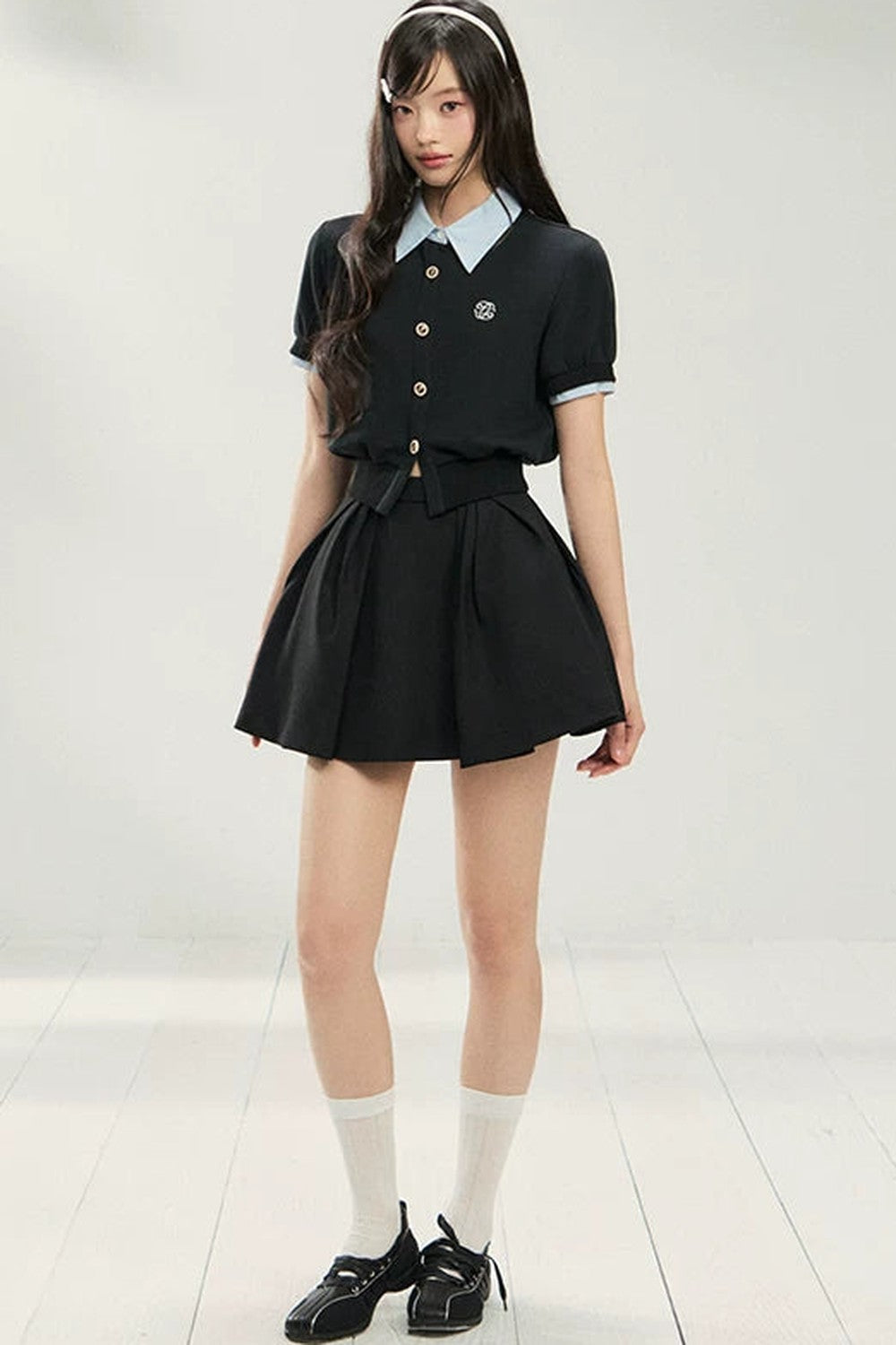 Color-Block Short-Sleeve Cardigan and Puffy Skirt Set