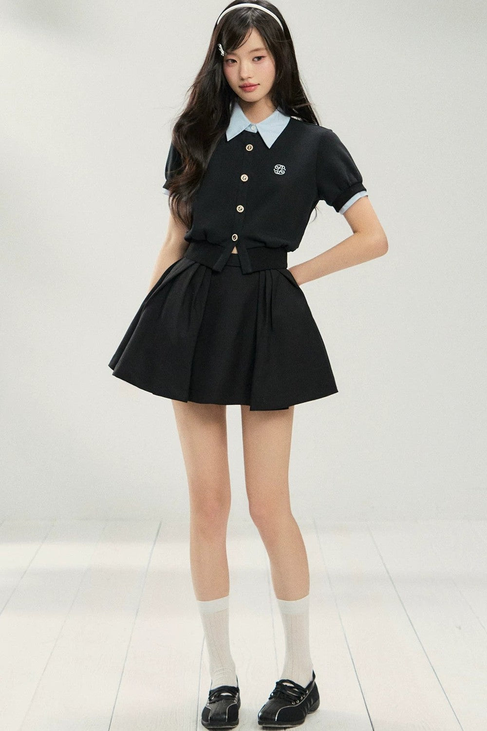 Color-Block Short-Sleeve Cardigan and Puffy Skirt Set
