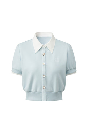 Color-Block Short-Sleeve Cardigan and Puffy Skirt Set