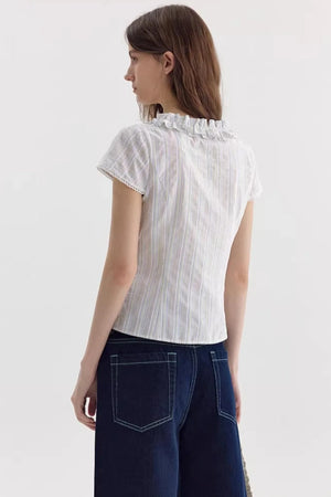Color-Block Striped Ruffled Blouse