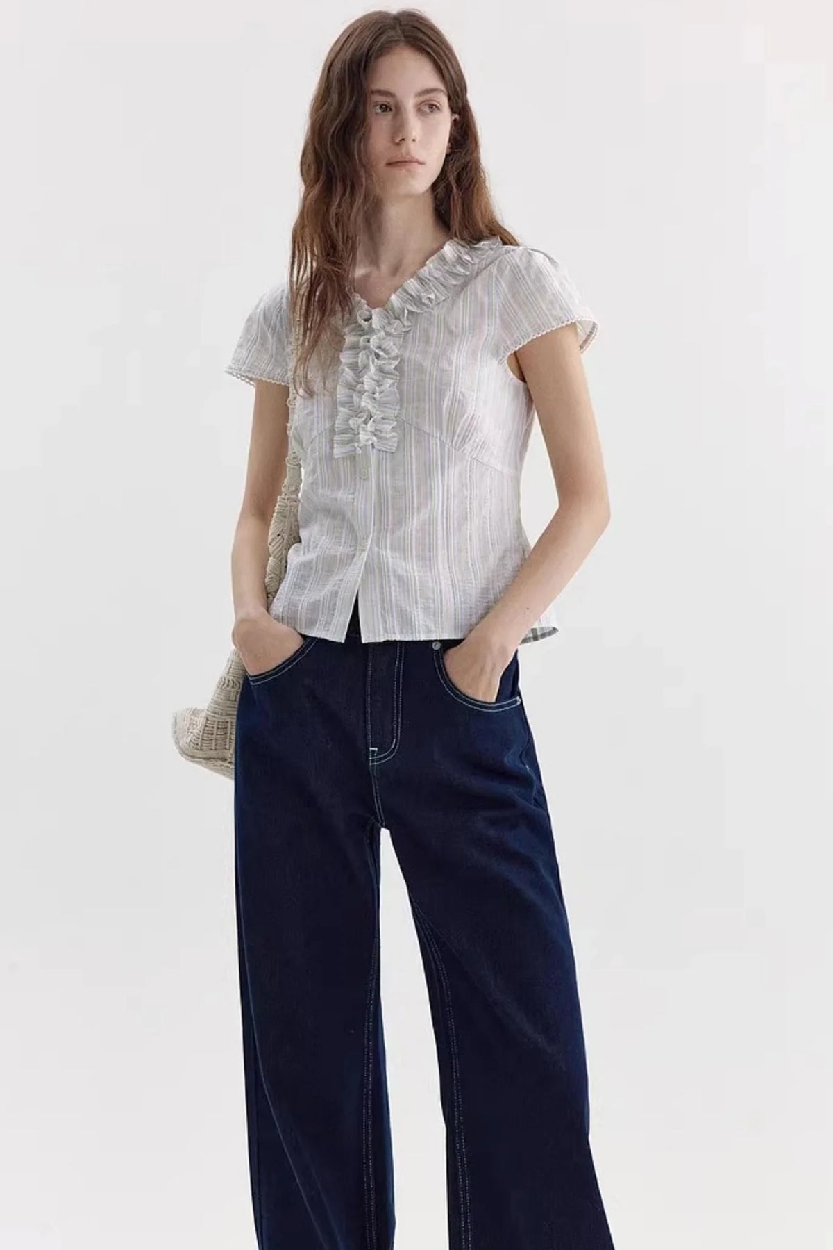 Color-Block Striped Ruffled Blouse