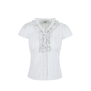 Color-Block Striped Ruffled Blouse