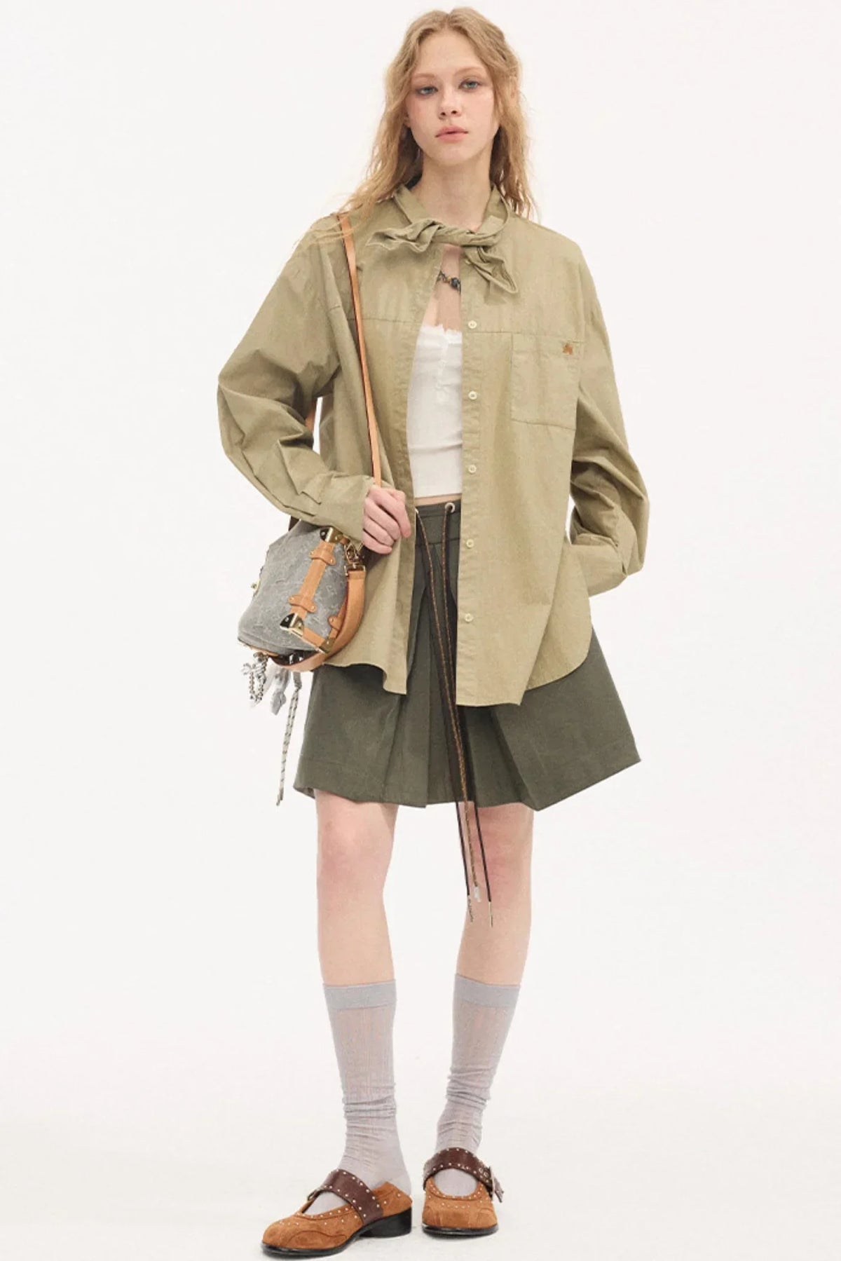 Color-Block Tie Pleated Skirt
