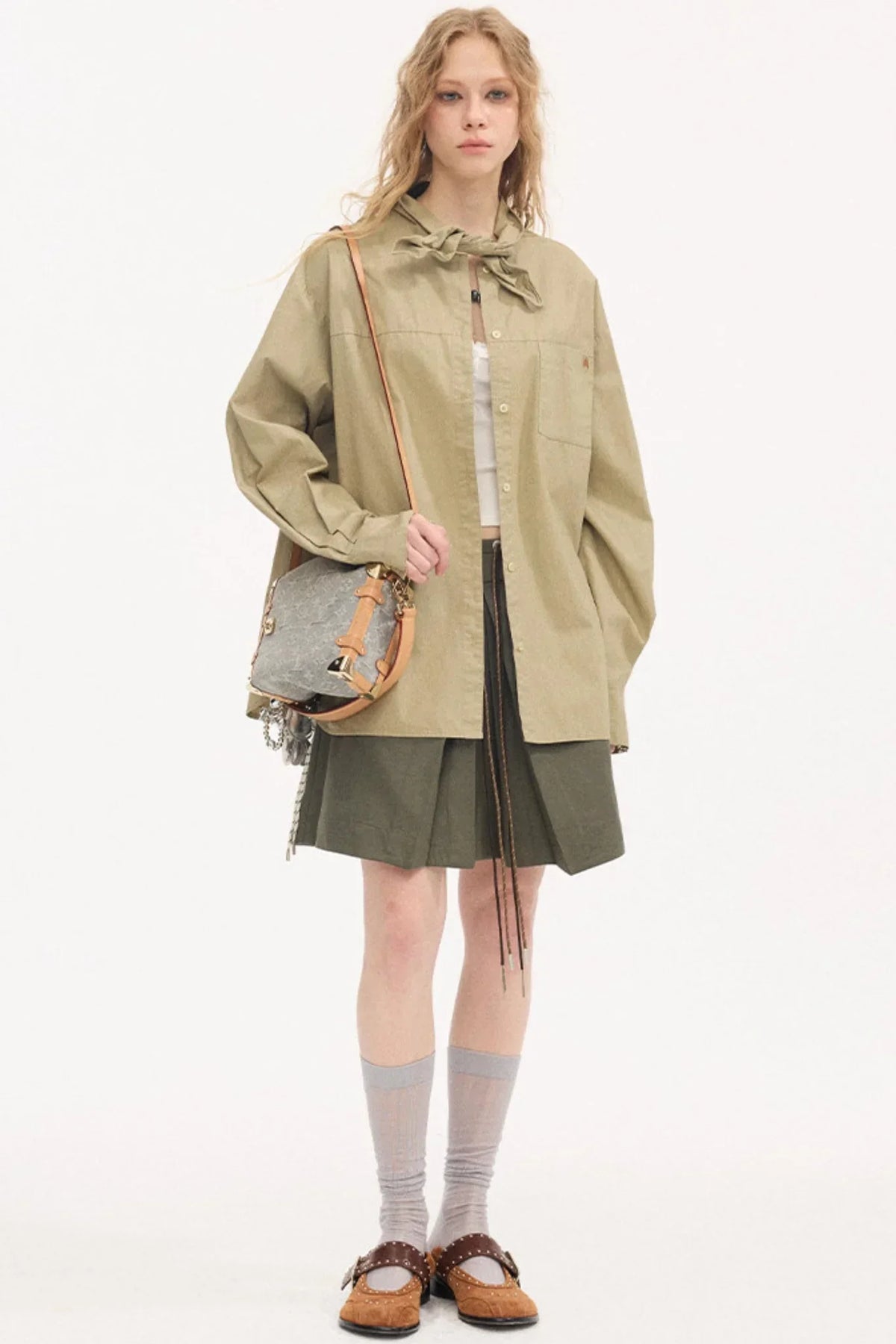 Color-Block Tie Pleated Skirt