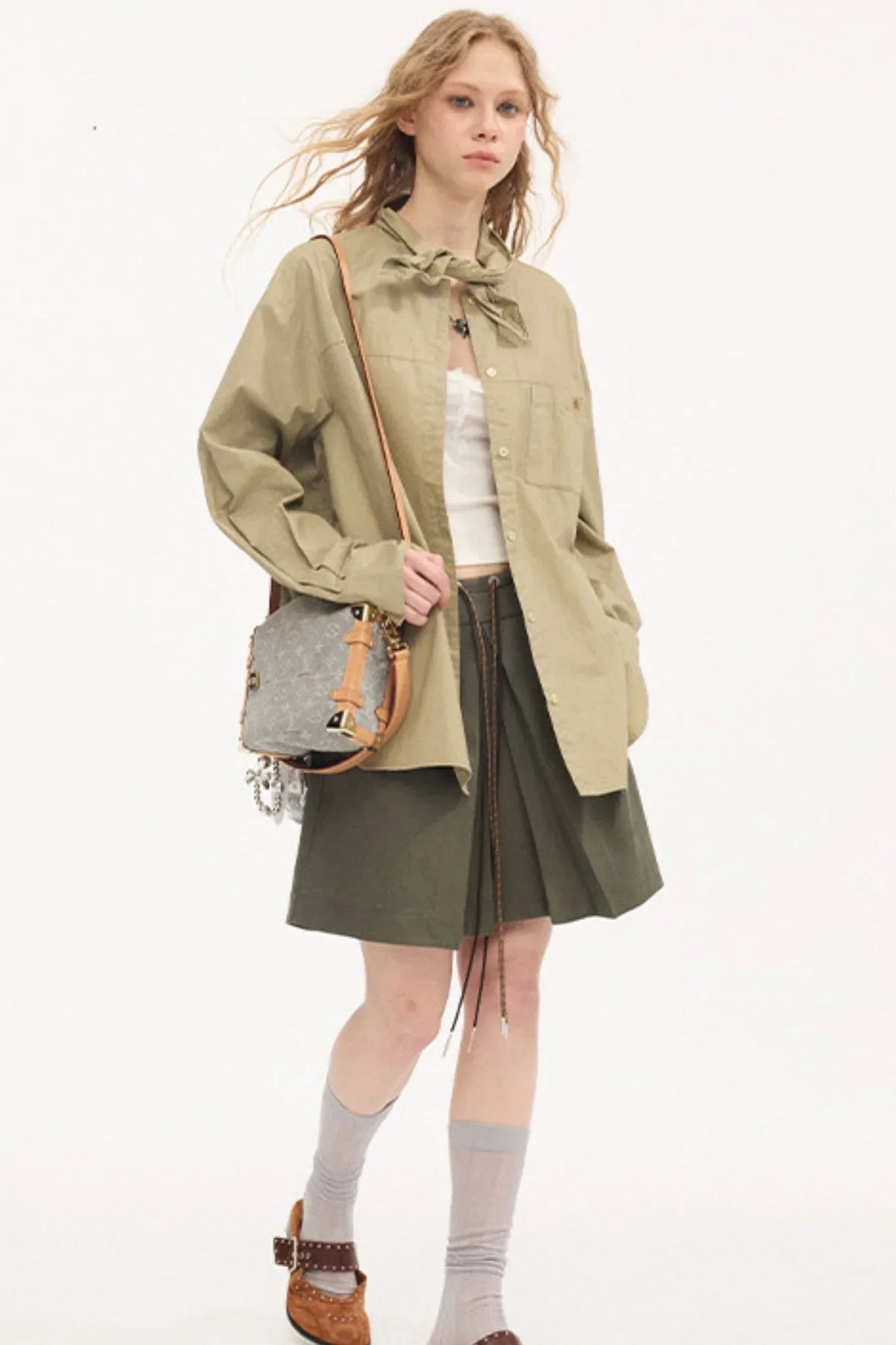 Color-Block Tie Pleated Skirt