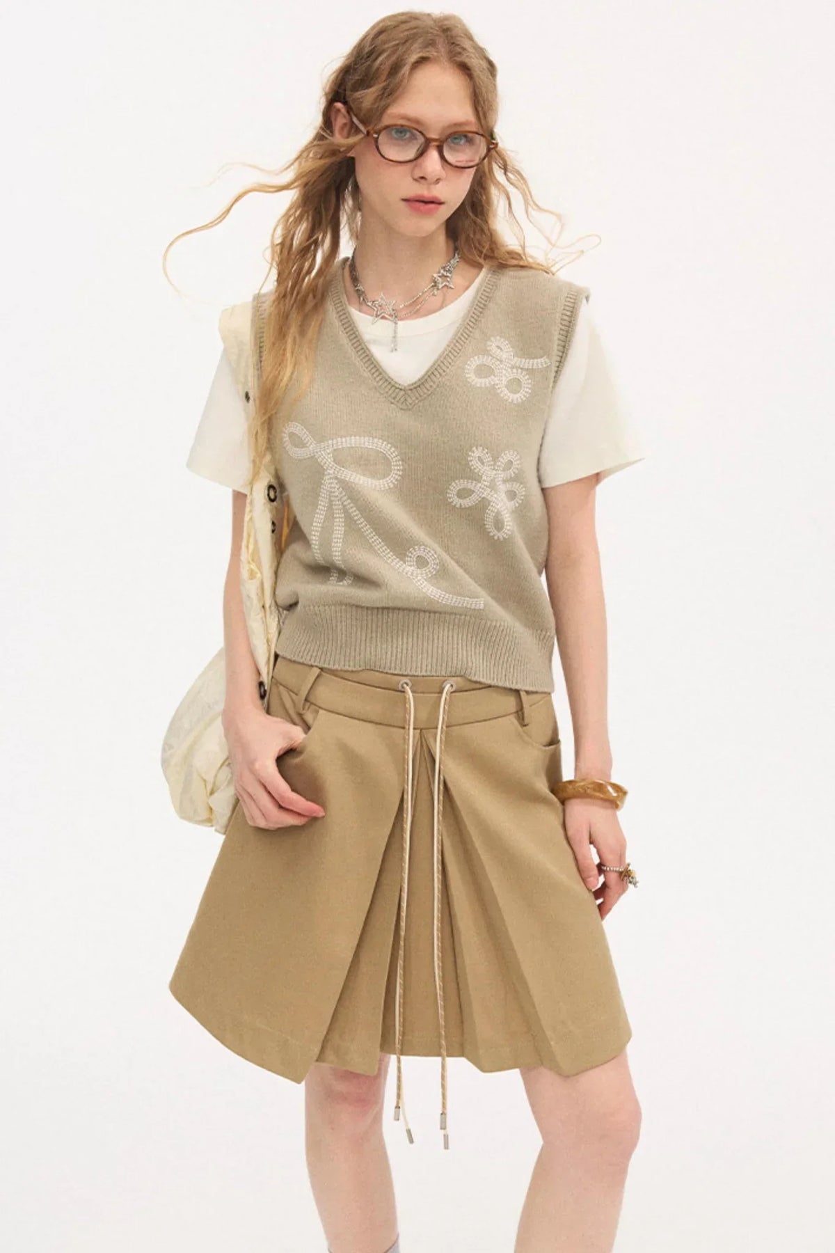 Color-Block Tie Pleated Skirt