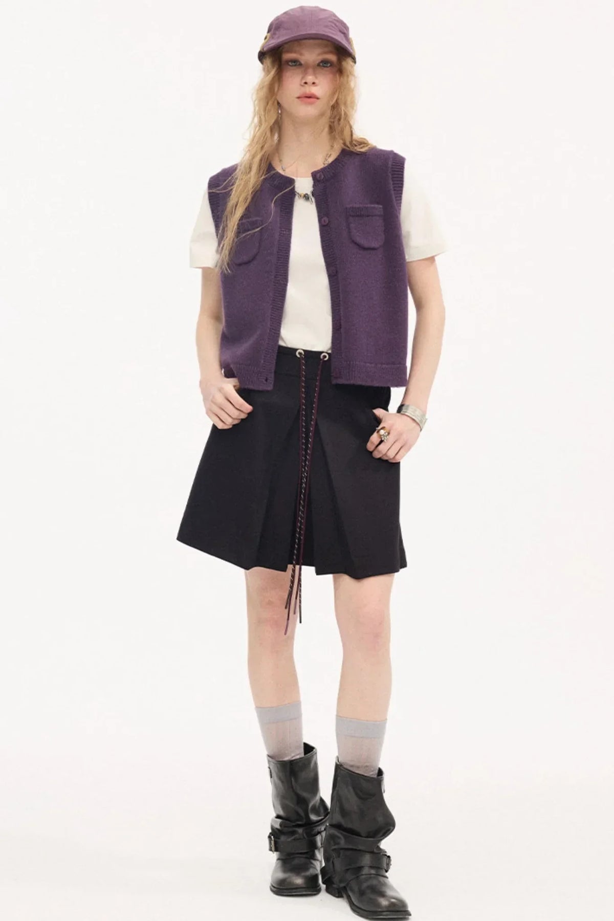 Color-Block Tie Pleated Skirt
