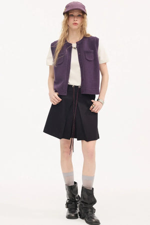 Color-Block Tie Pleated Skirt