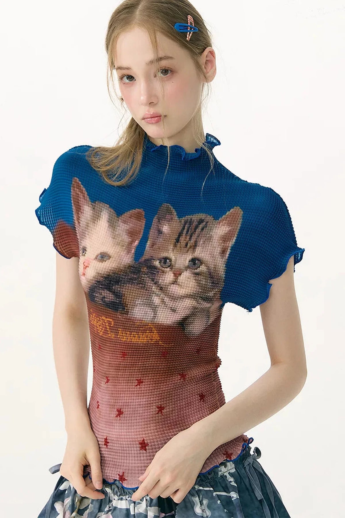 Color-Blocked Cat Print Blouse