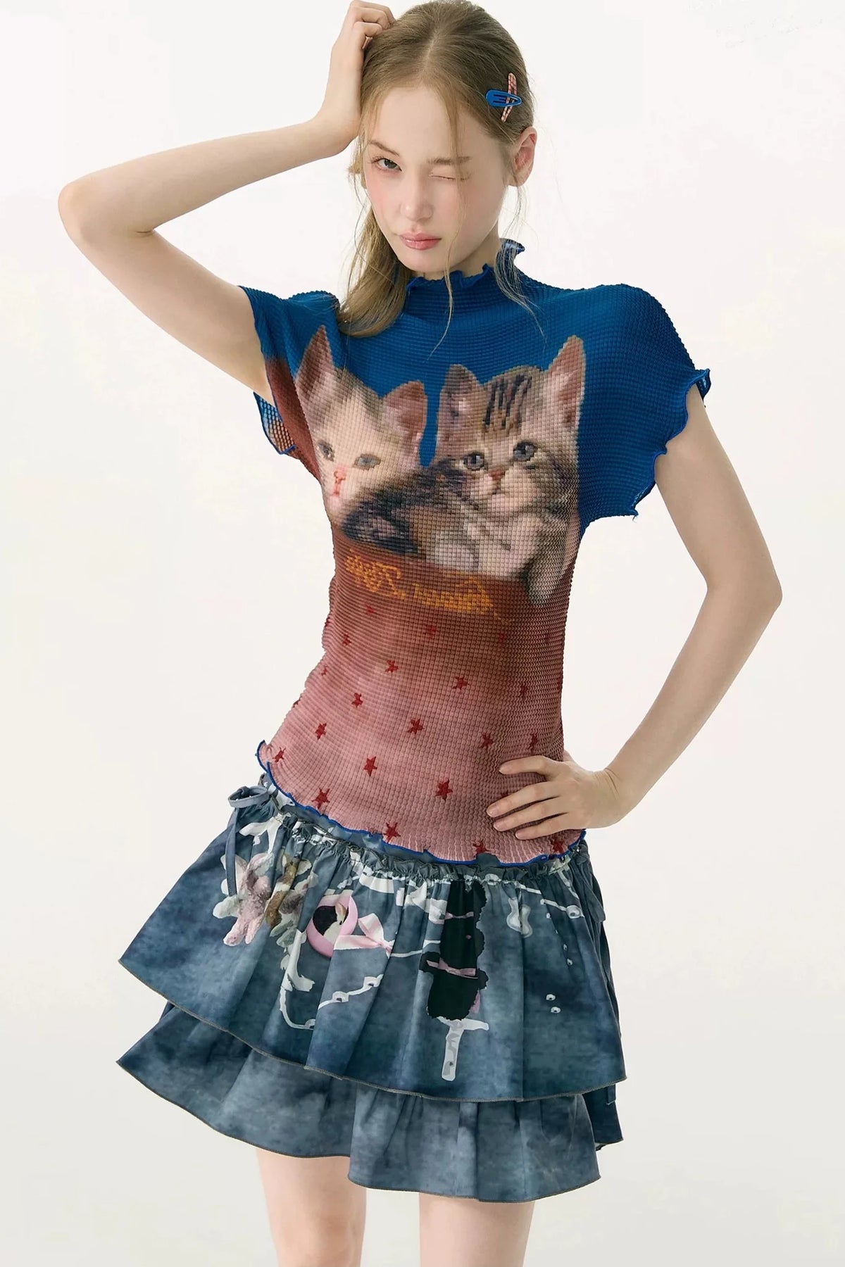Color-Blocked Cat Print Blouse
