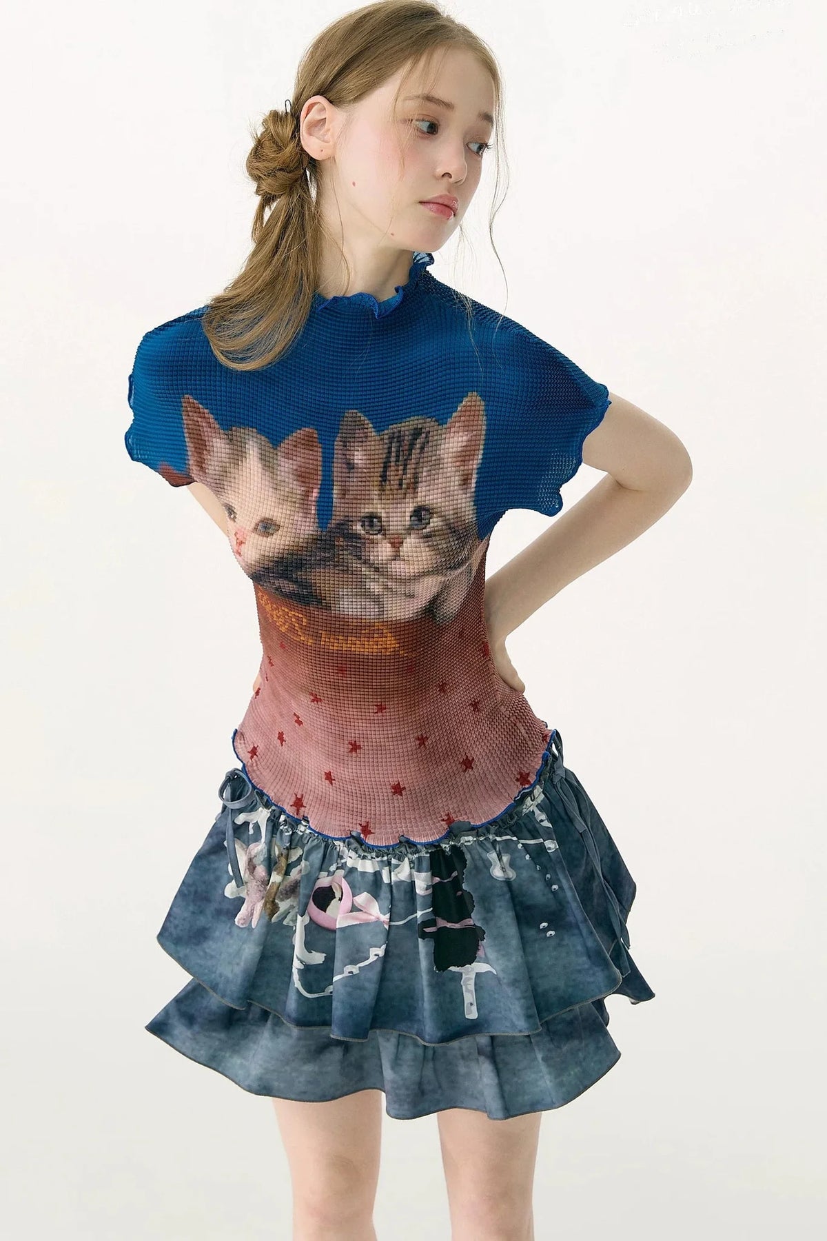 Color-Blocked Cat Print Blouse