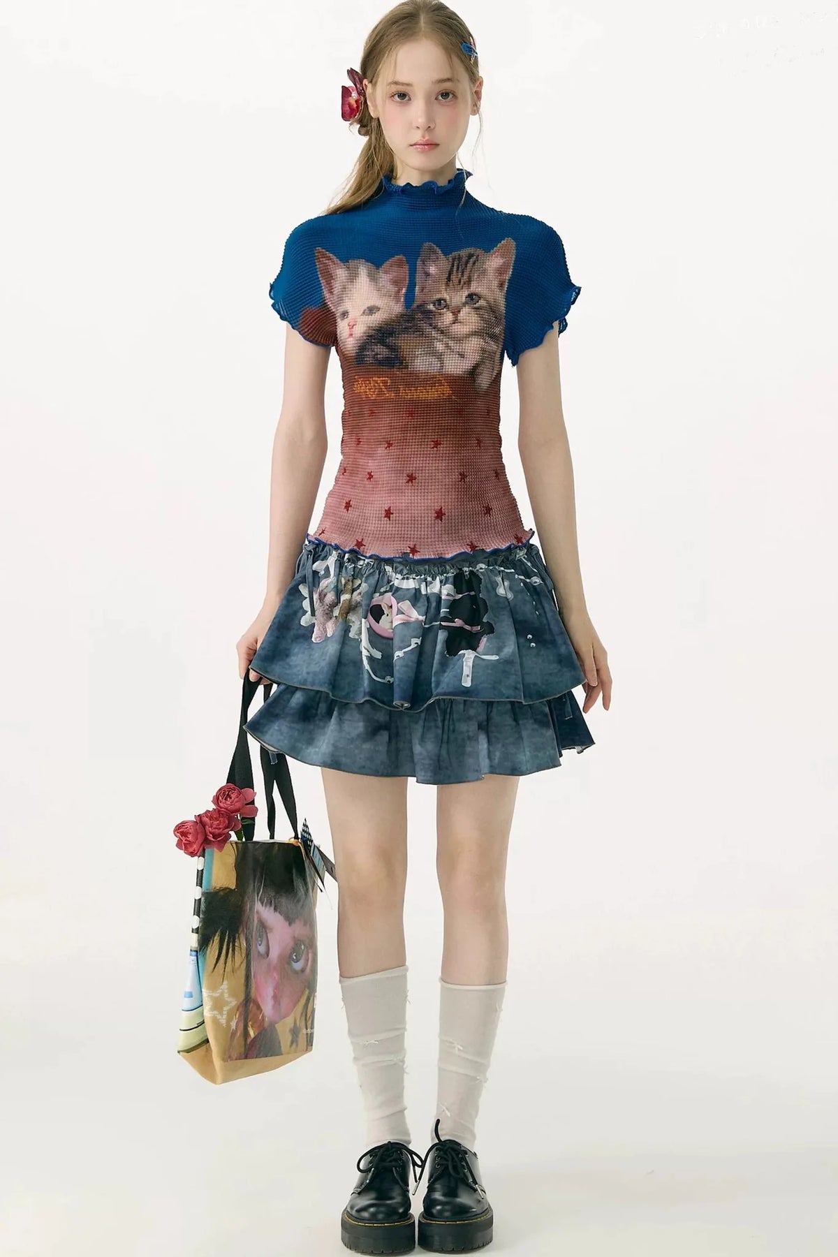 Color-Blocked Cat Print Blouse
