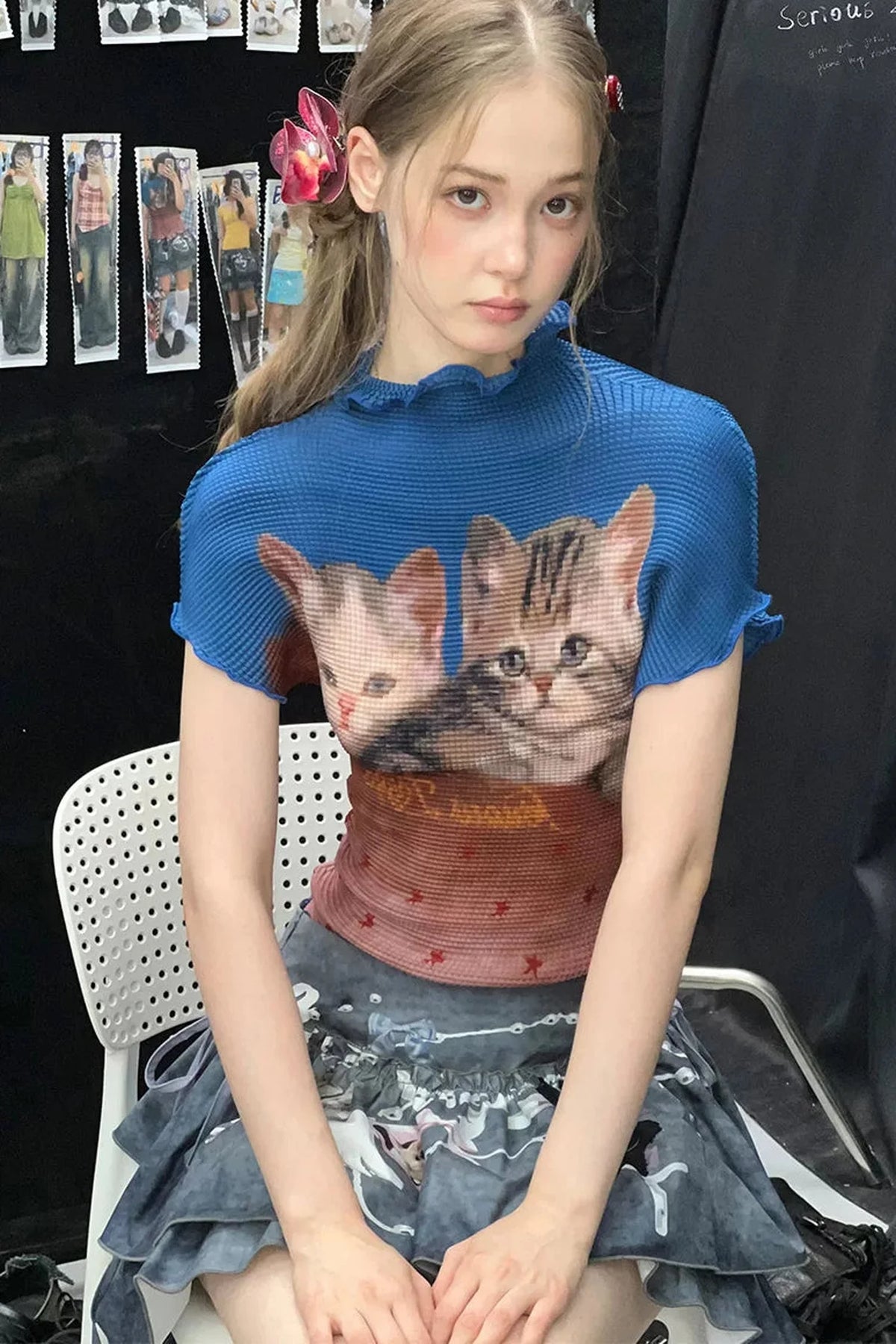 Color-Blocked Cat Print Blouse