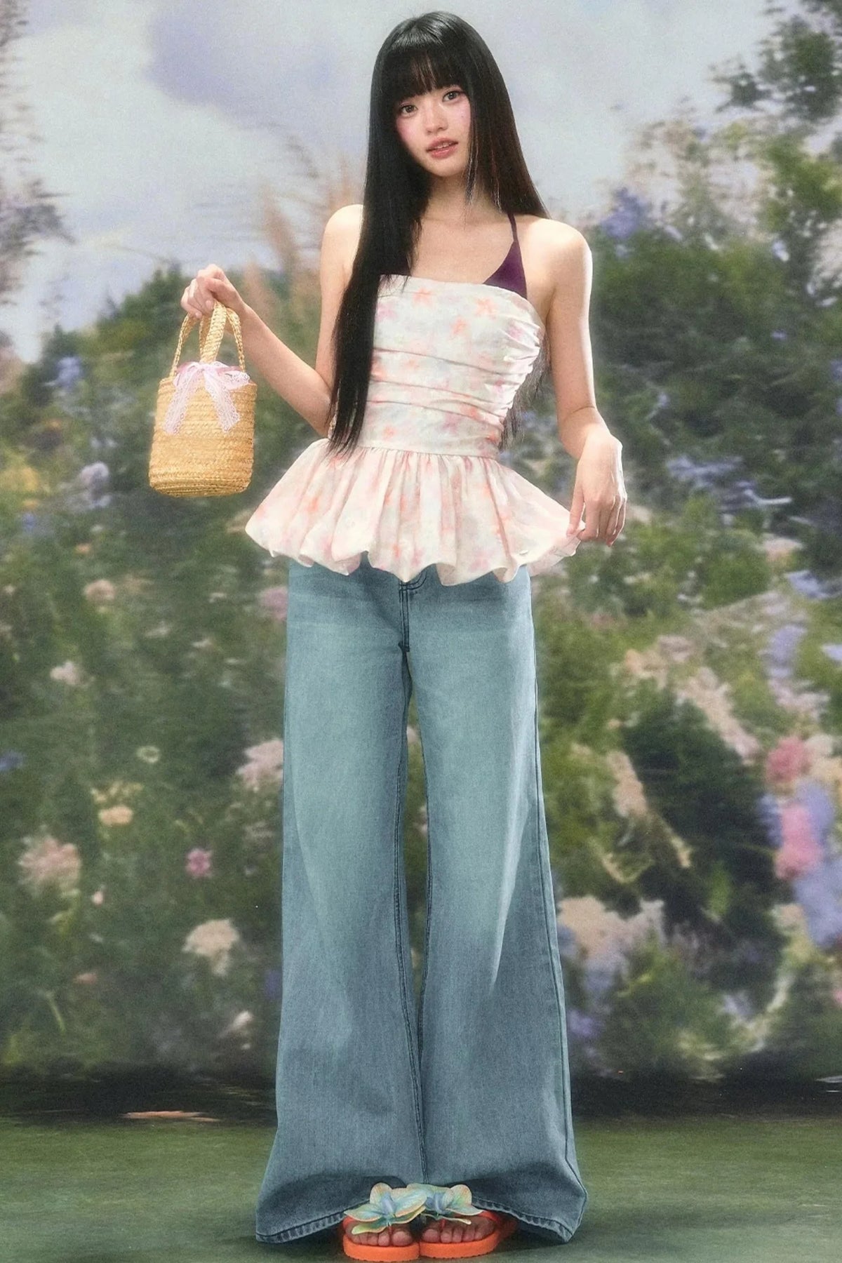 Color-Blocked Floral Halter Camisole Set-Up
