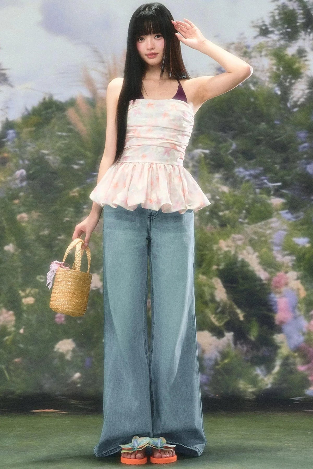 Color-Blocked Floral Halter Camisole Set-Up