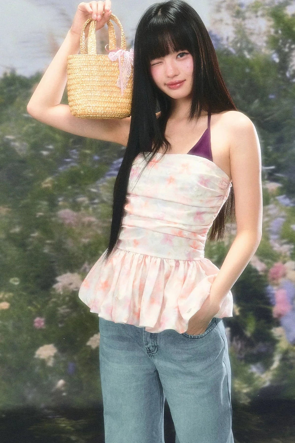Color-Blocked Floral Halter Camisole Set-Up