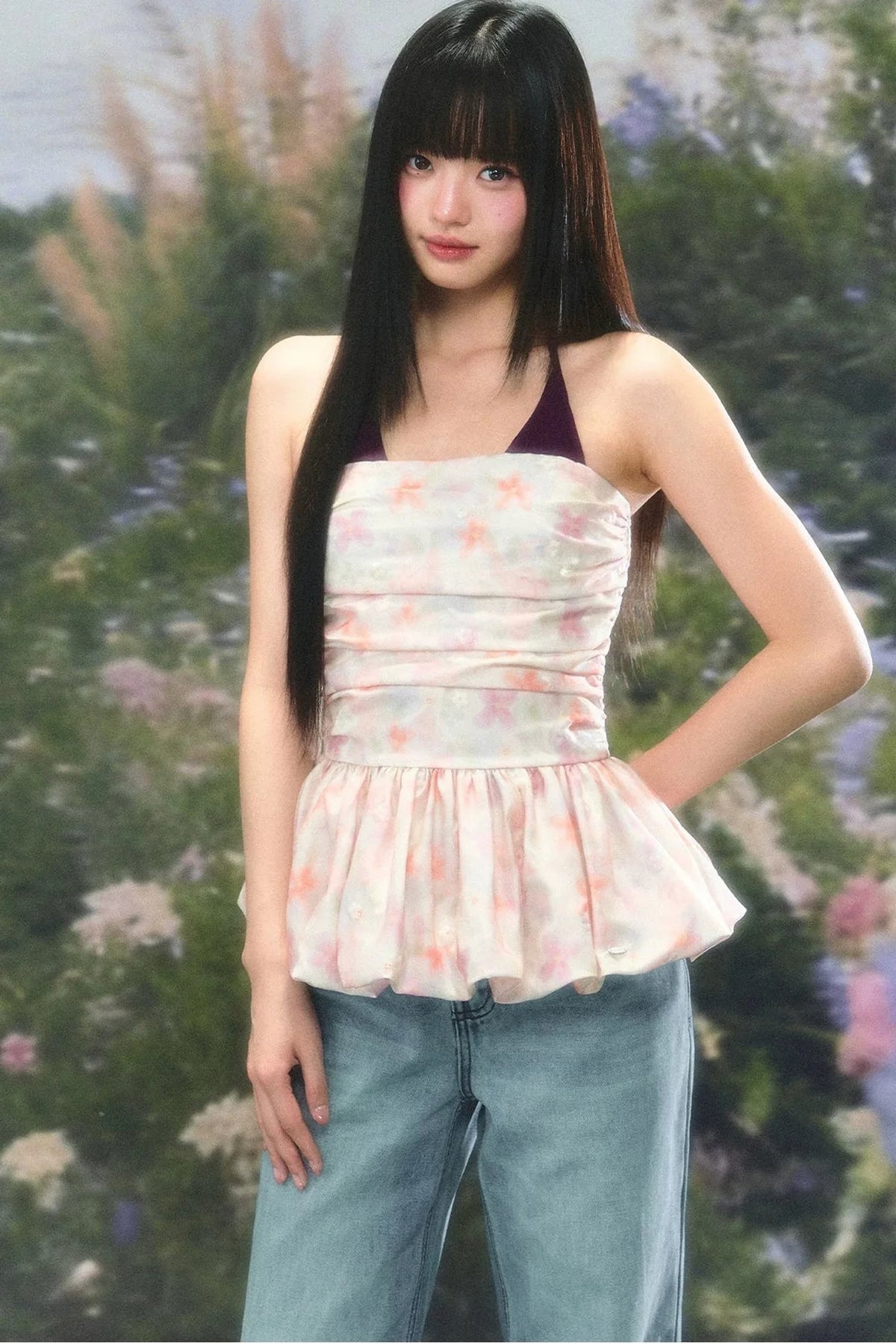 Color-Blocked Floral Halter Camisole Set-Up