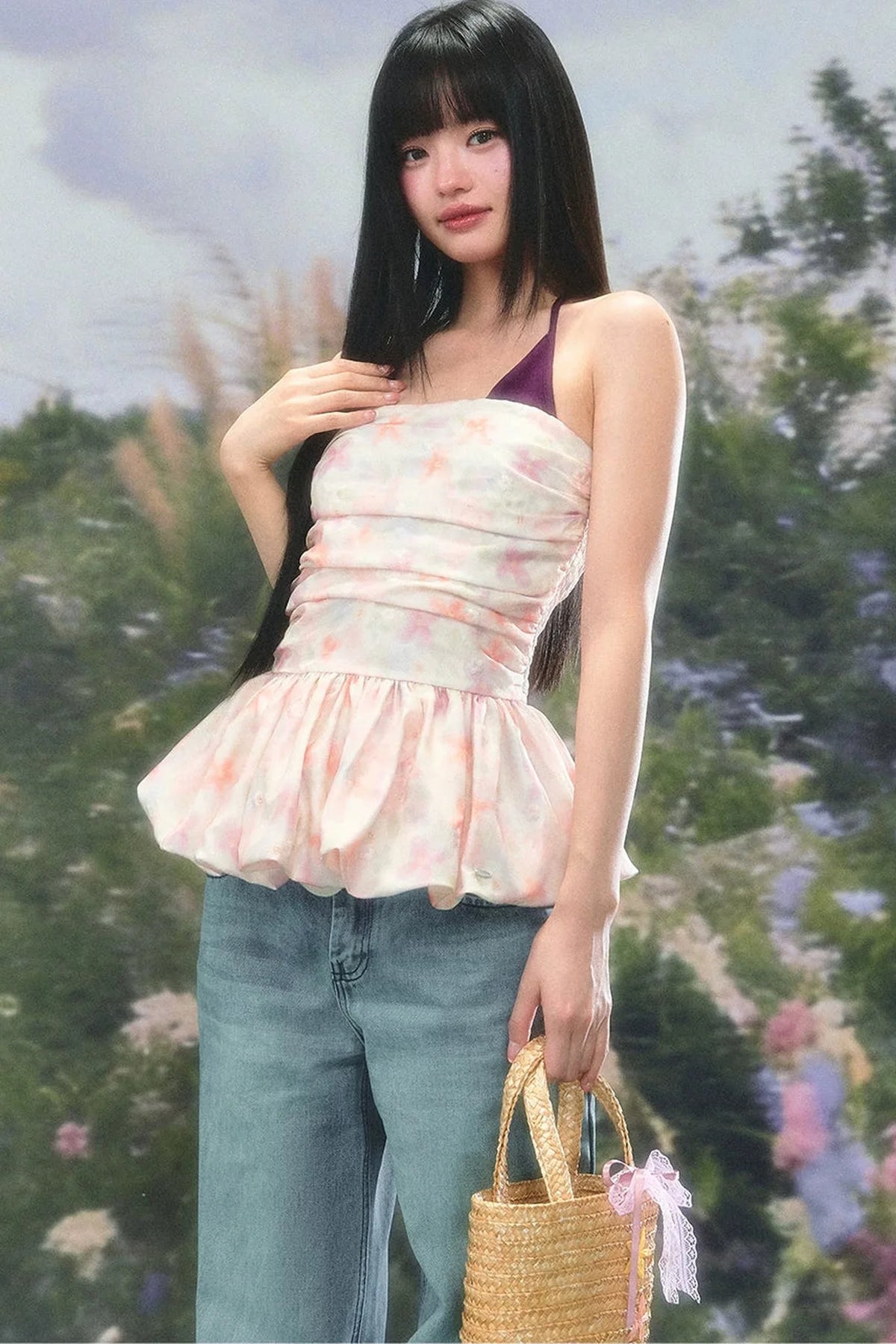 Color-Blocked Floral Halter Camisole Set-Up