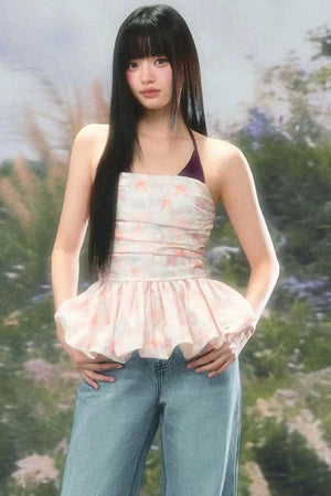 Color-Blocked Floral Halter Camisole Set-Up