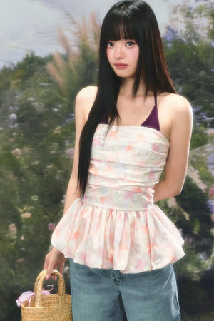 Color-Blocked Floral Halter Camisole Set-Up