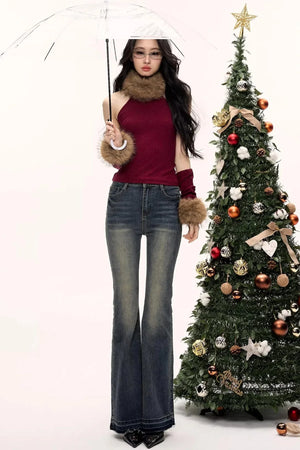 Color-Blocked Fur Collar Vest