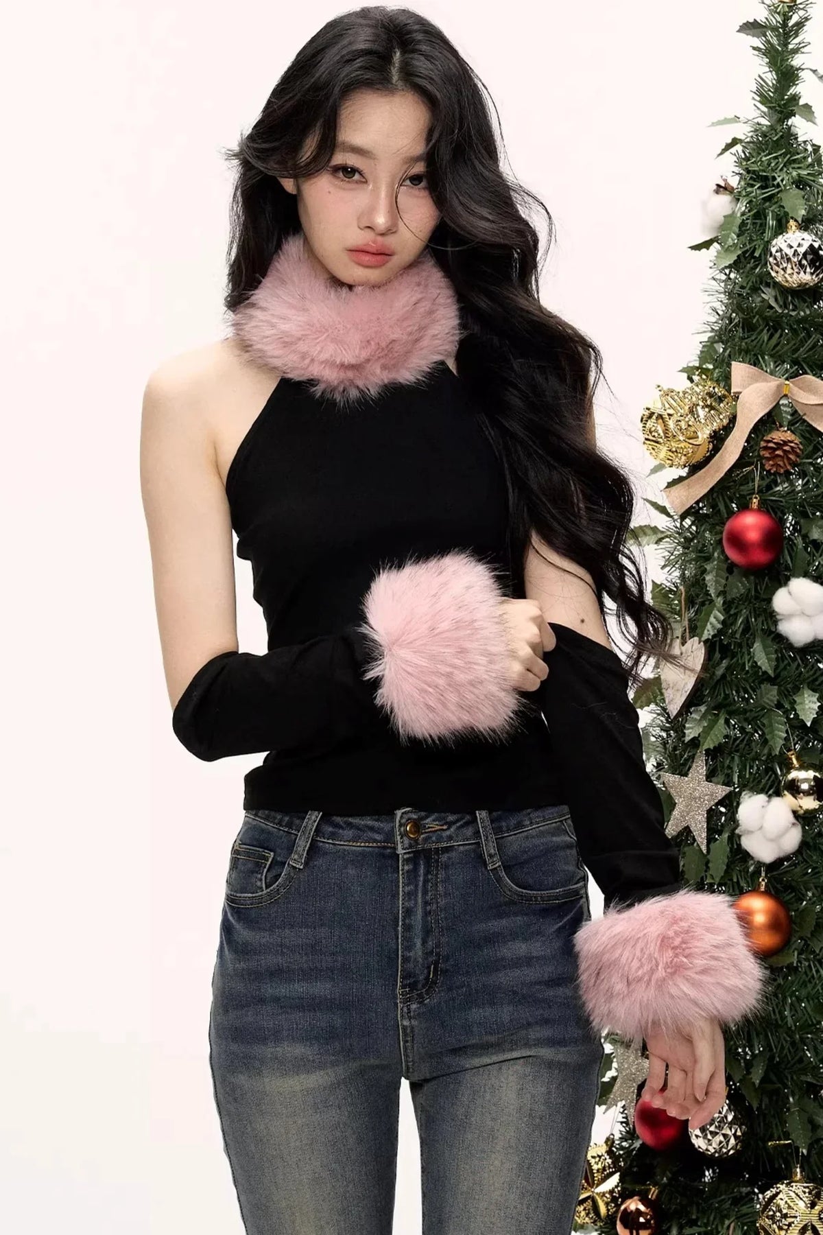 Color-Blocked Fur Collar Vest