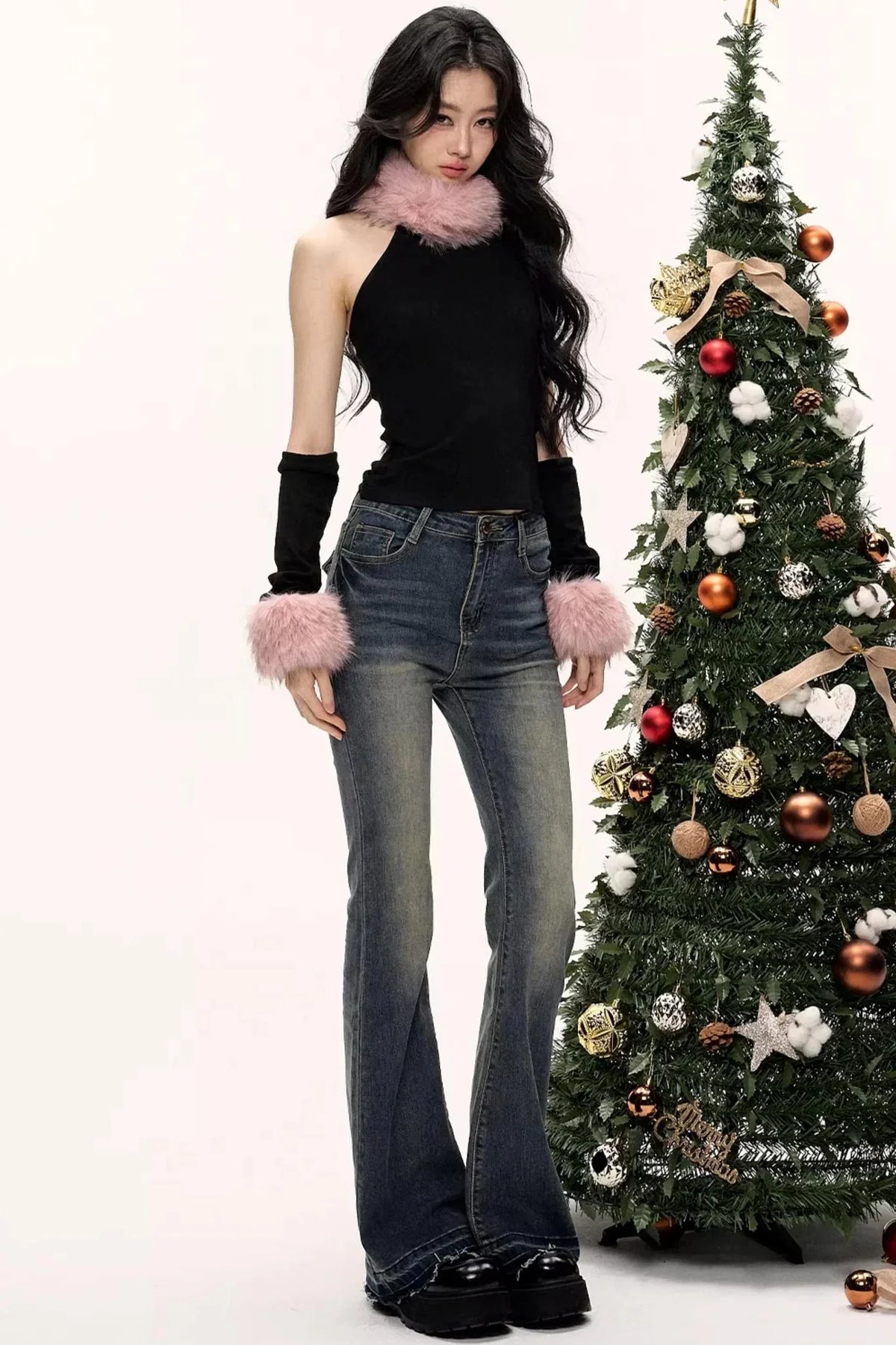 Color-Blocked Fur Collar Vest