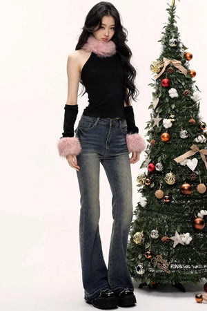 Color-Blocked Fur Collar Vest