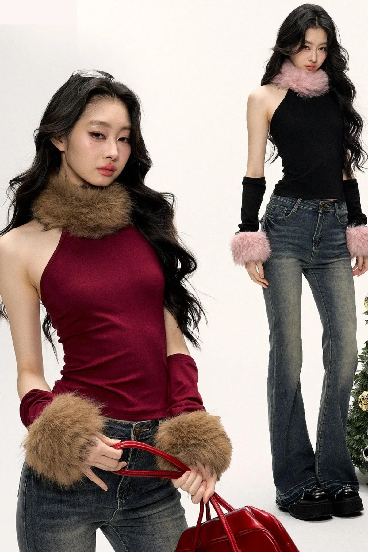 Color-Blocked Fur Collar Vest