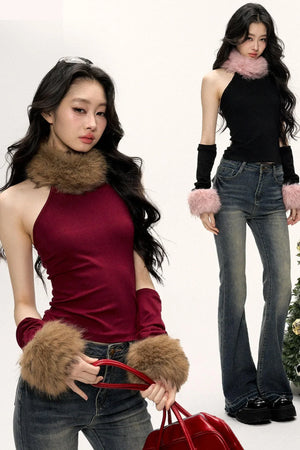 Color-Blocked Fur Collar Vest