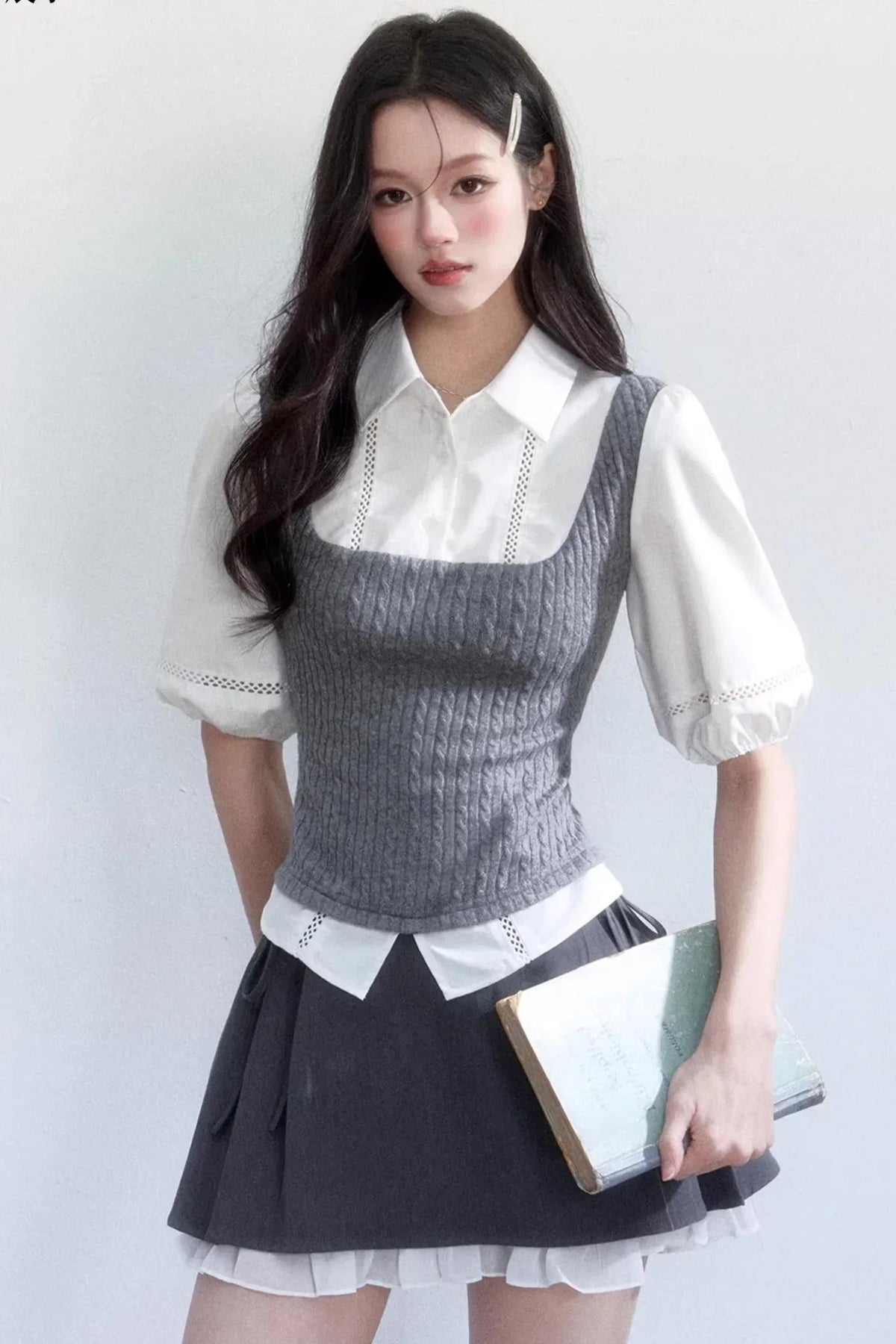 Color-Blocked Puff Sleeve Shirt Set-Up