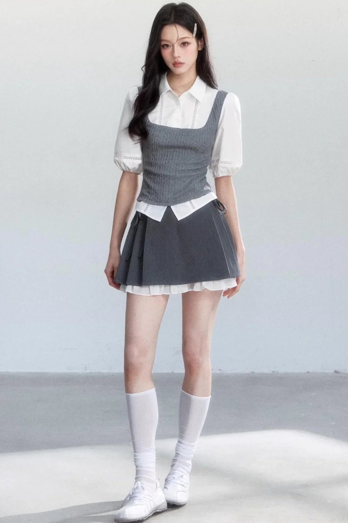Color-Blocked Puff Sleeve Shirt Set-Up