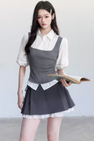 Color-Blocked Puff Sleeve Shirt Set-Up