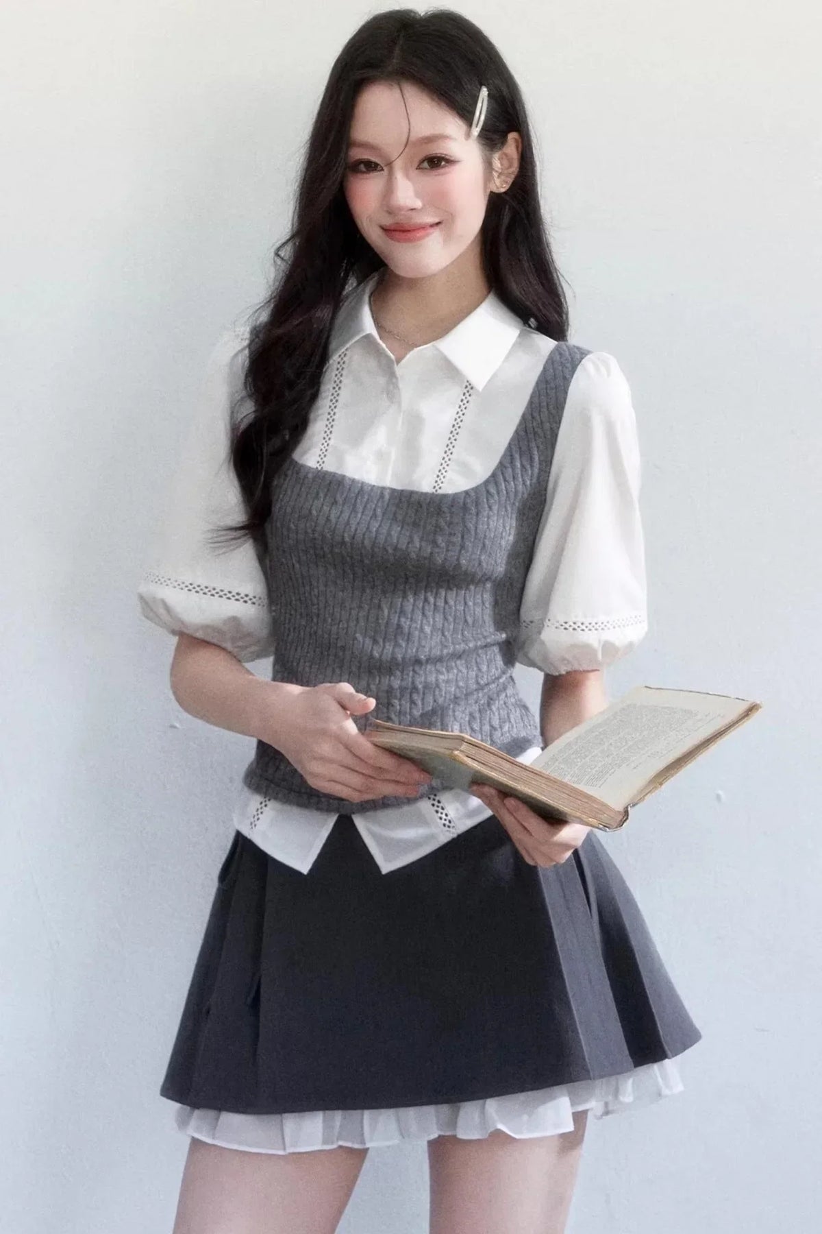 Color-Blocked Puff Sleeve Shirt Set-Up