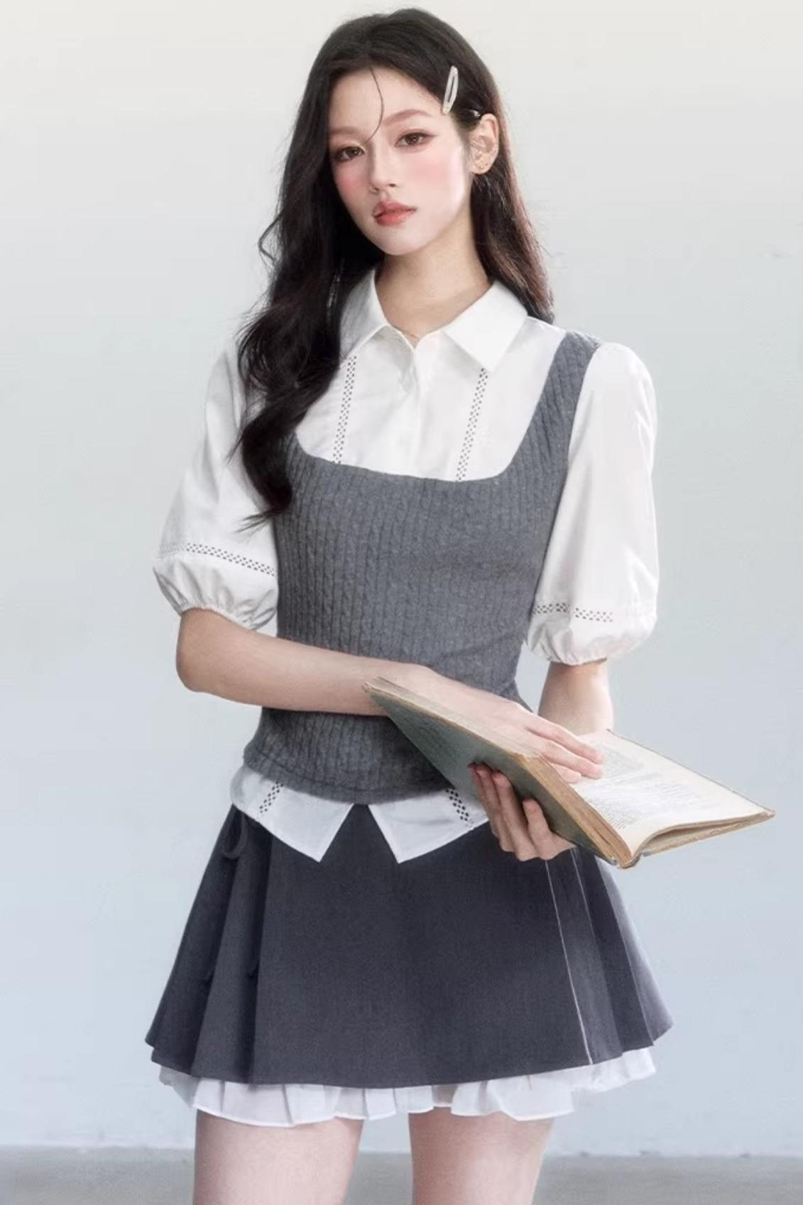 Color-Blocked Puff Sleeve Shirt Set-Up
