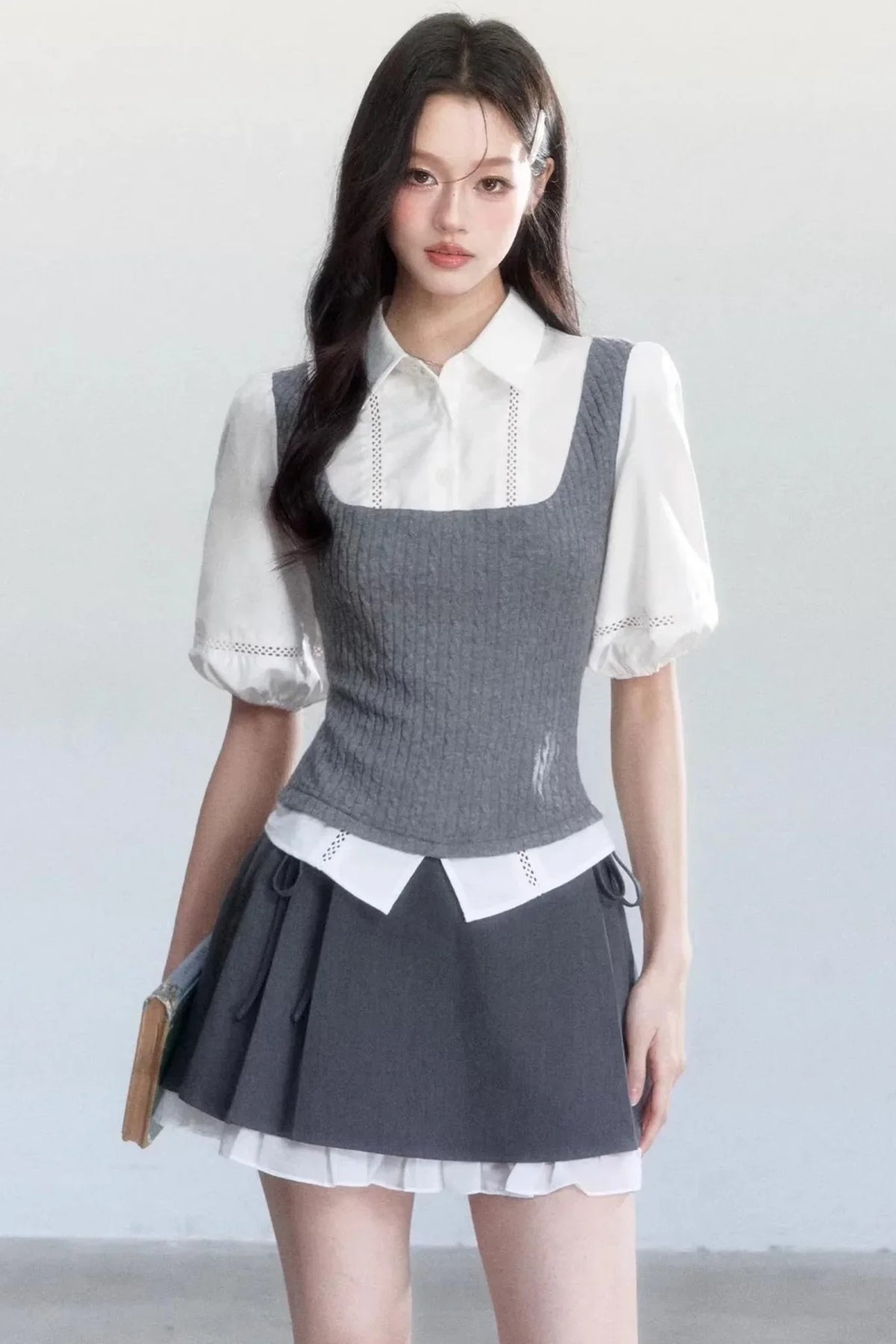 Color-Blocked Puff Sleeve Shirt Set-Up