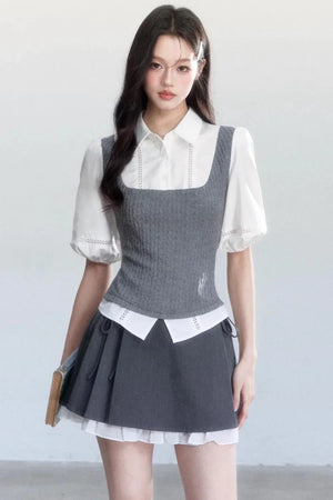 Color-Blocked Puff Sleeve Shirt Set-Up