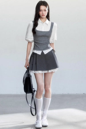 Color-Blocked Puff Sleeve Shirt Set-Up
