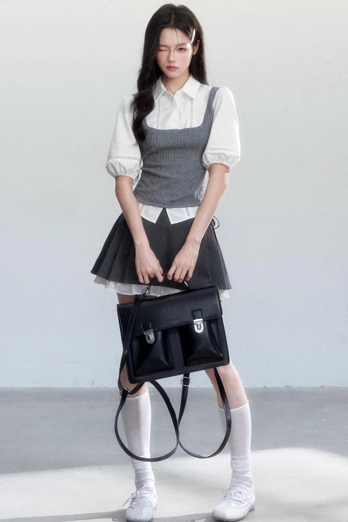 Color-Blocked Puff Sleeve Shirt Set-Up