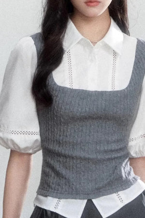 Color-Blocked Puff Sleeve Shirt Set-Up